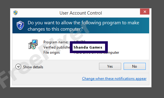 Screenshot where Shanda Games appears as the verified publisher in the UAC dialog
